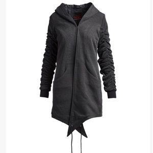 Yoki Charcoal Ruched-sleeve Hooded Jacket- zipper closure- gray  S- 33in L- NWT